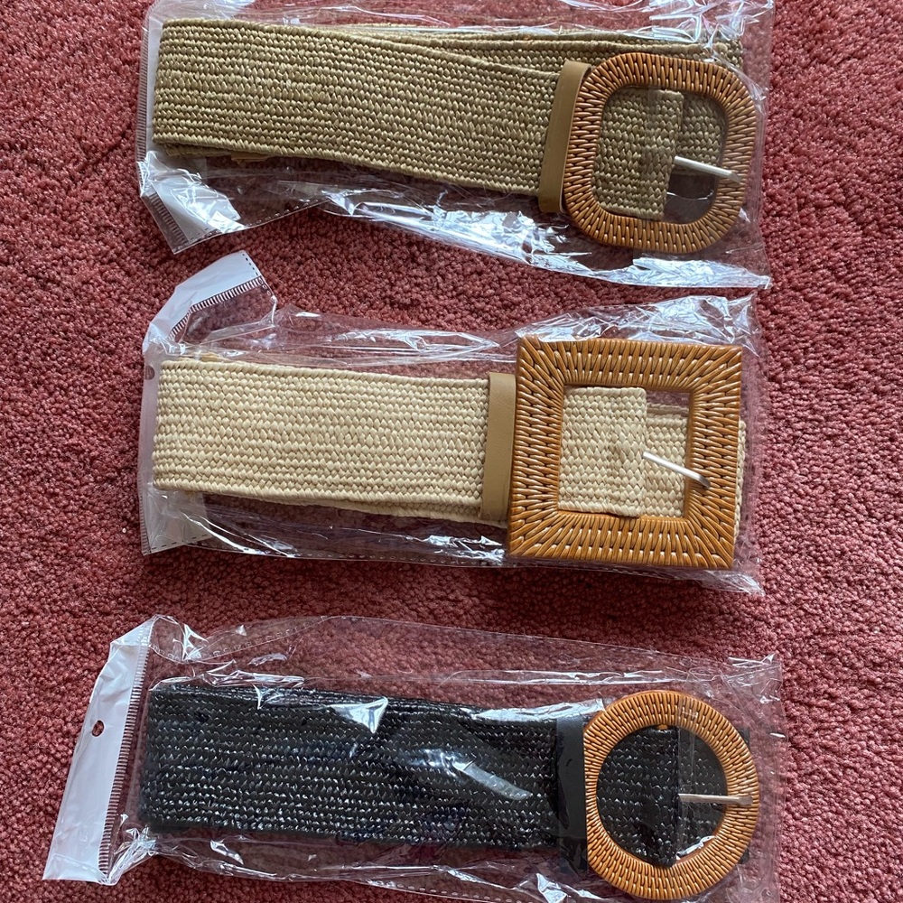 NEW 3pc boho woven belts in khaki, beige, and black (unopened)
